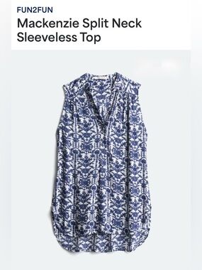 Fun2Fun Mackenzie Split Neck Sleeveless Top - Blue & White. Sz S